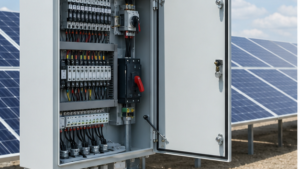 Outdoor DC solar combiner box installed beside a photovoltaic array