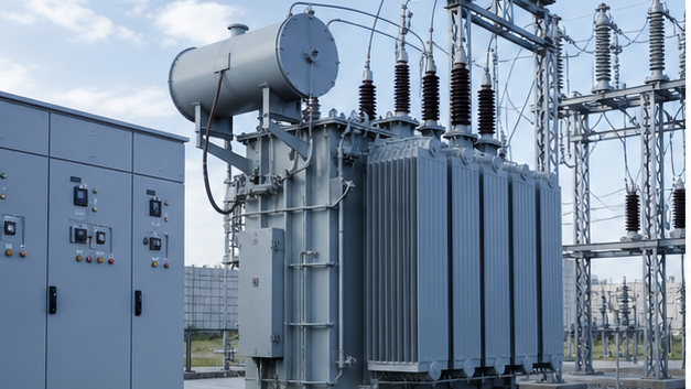 Three-phase step-up transformer connecting low-voltage switchgear to higher-voltage substation equipment