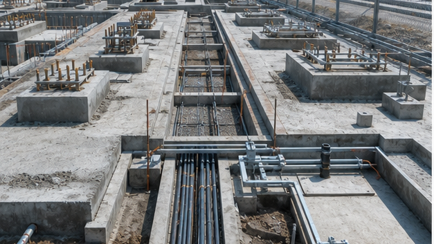 Substation foundations, cable trenches, fencing and grounding conductors during construction