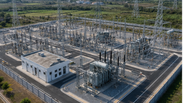 Aerial view of a complete high-voltage substation with transformer bays, busbars and control building