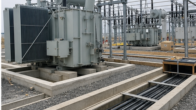 Power transformer aligned on foundation beside completed cable trenches and switchyard equipment