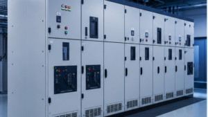 Modern electrical switchgear lineup in an industrial power distribution room