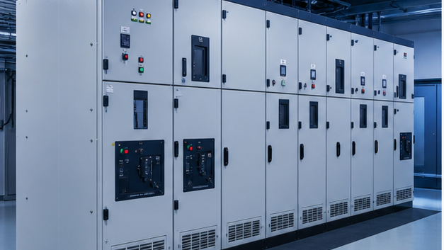 Modern electrical switchgear lineup in an industrial power distribution room