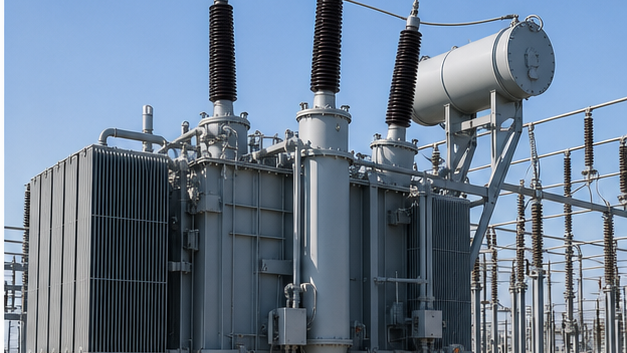 Three-phase oil-immersed power transformer in a substation