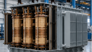 Partially assembled oil-immersed power transformer showing core, windings, tank and radiators