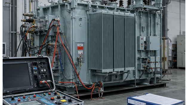 Power transformer connected to factory test equipment with inspection documents