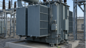 Oil-immersed power transformer correctly installed on a substation foundation