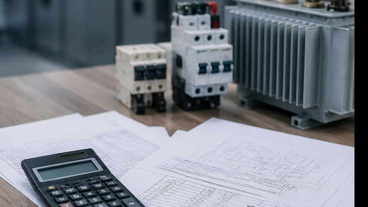 Calculator and load documents beside electrical equipment for transformer sizing