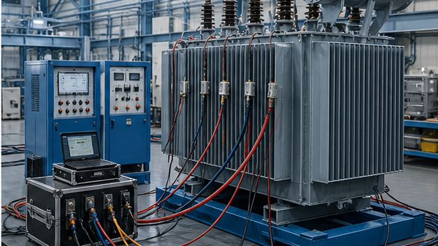 Power transformer connected to factory electrical test instruments