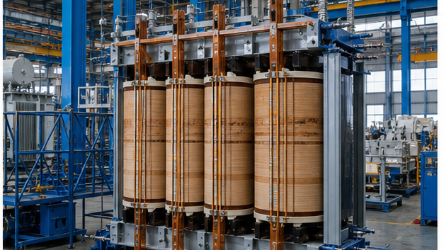 Power transformer core-and-coil assembly on a manufacturing floor