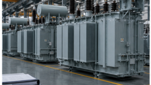 Completed power transformers in a factory with procurement documents prepared for inspection