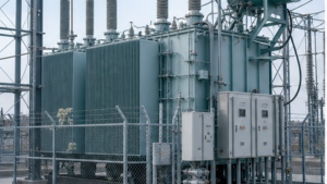 Power transformer with neutral grounding equipment, surge arresters and protection panels