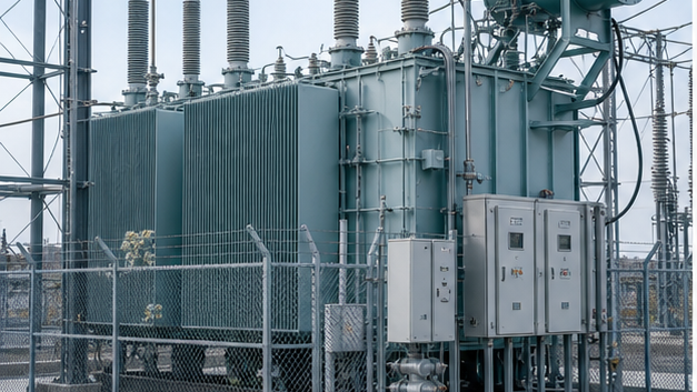 Power transformer with neutral grounding equipment, surge arresters and protection panels