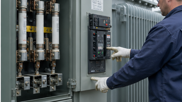 Transformer protective fuses and circuit breaker being checked during commissioning