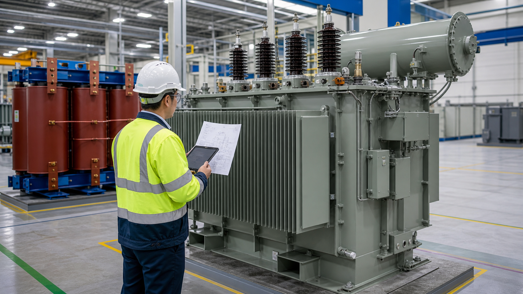 Electrical engineer reviewing transformer specifications during a factory inspection