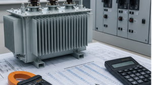 Distribution transformer with load schedule, calculator and electrical measuring instruments