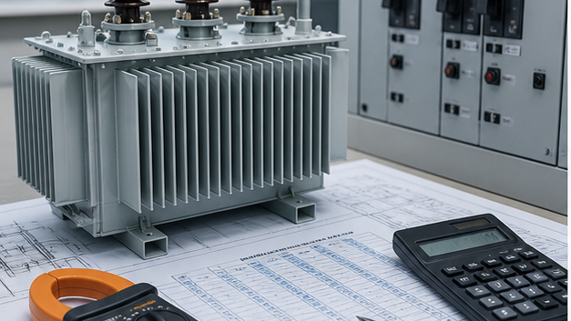 Distribution transformer with load schedule, calculator and electrical measuring instruments