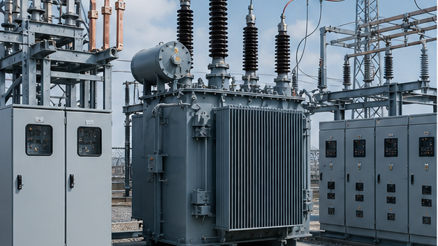 Three-phase power transformer connecting high-voltage and low-voltage switchgear