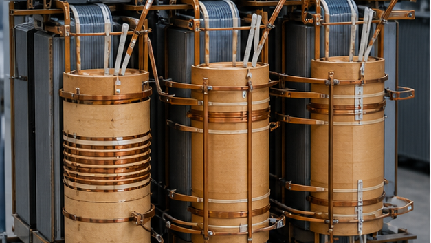 Copper high- and low-voltage windings with insulation cylinders on transformer core limbs