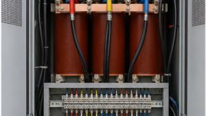 Three phase transformer wiring with primary and secondary terminal connections