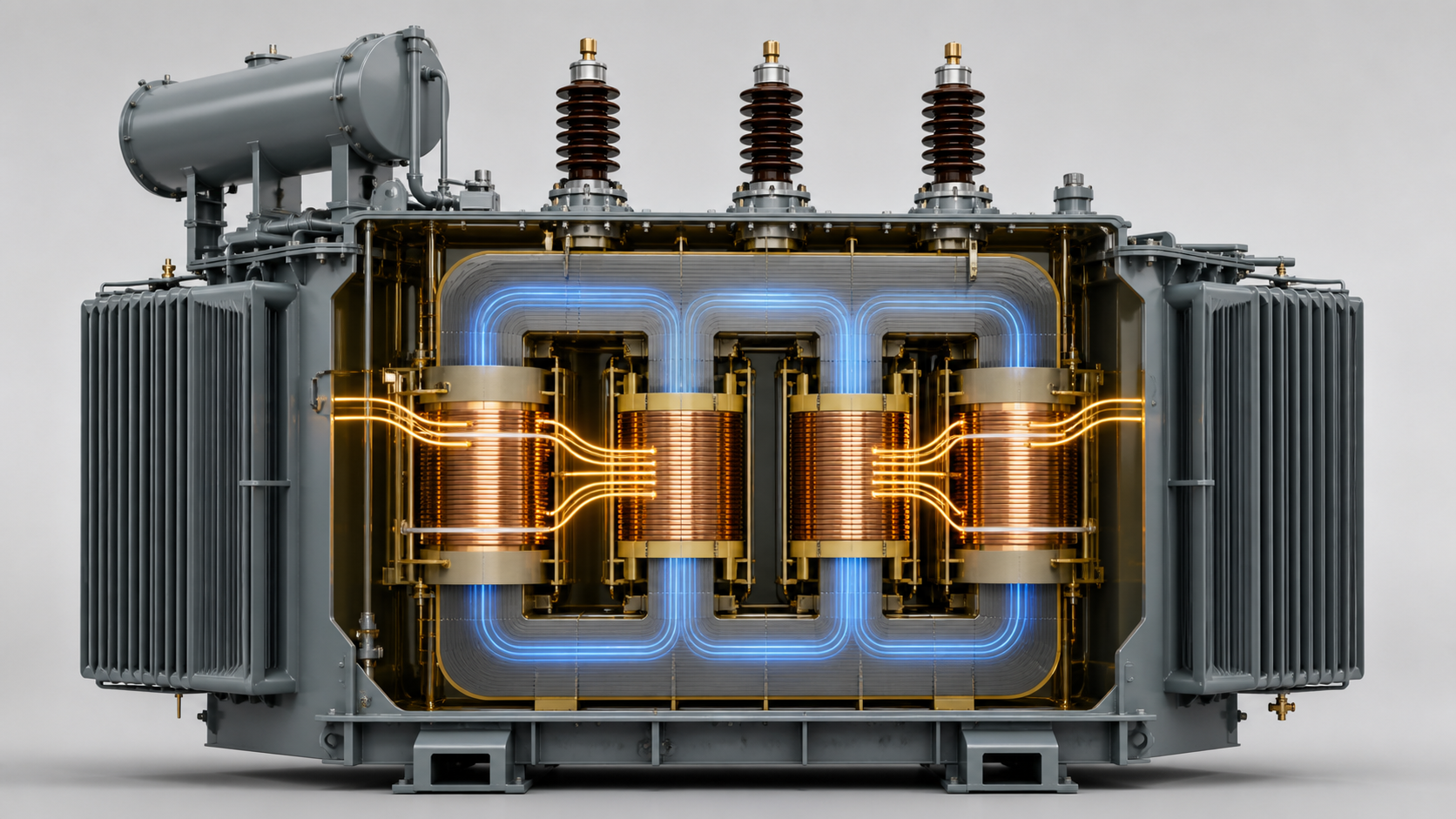 Cutaway view showing the core and windings of a three-phase power transformer