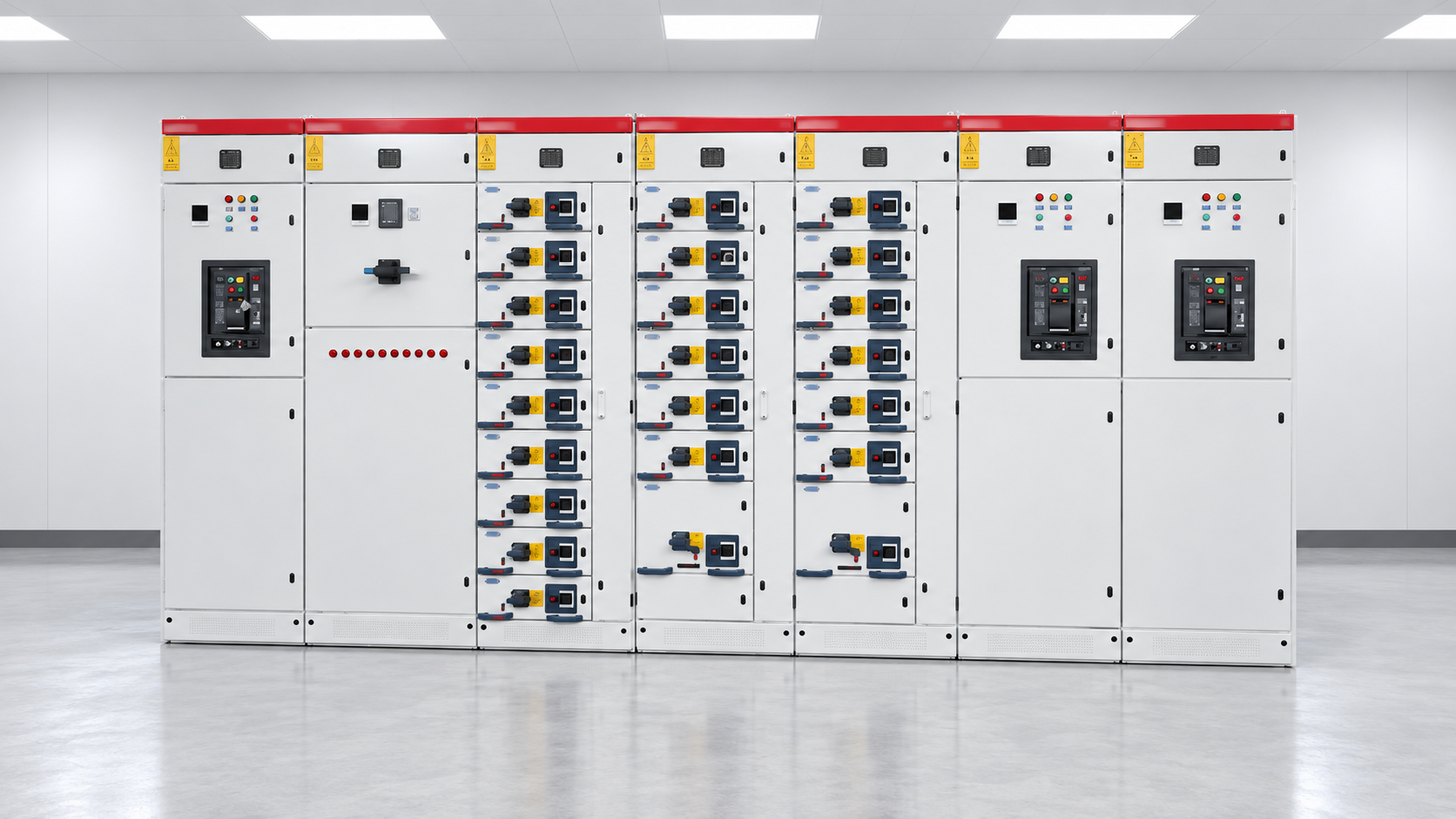 LBAJI MNS GCK GCS withdrawable low-voltage switchgear lineup showing modular circuit sections