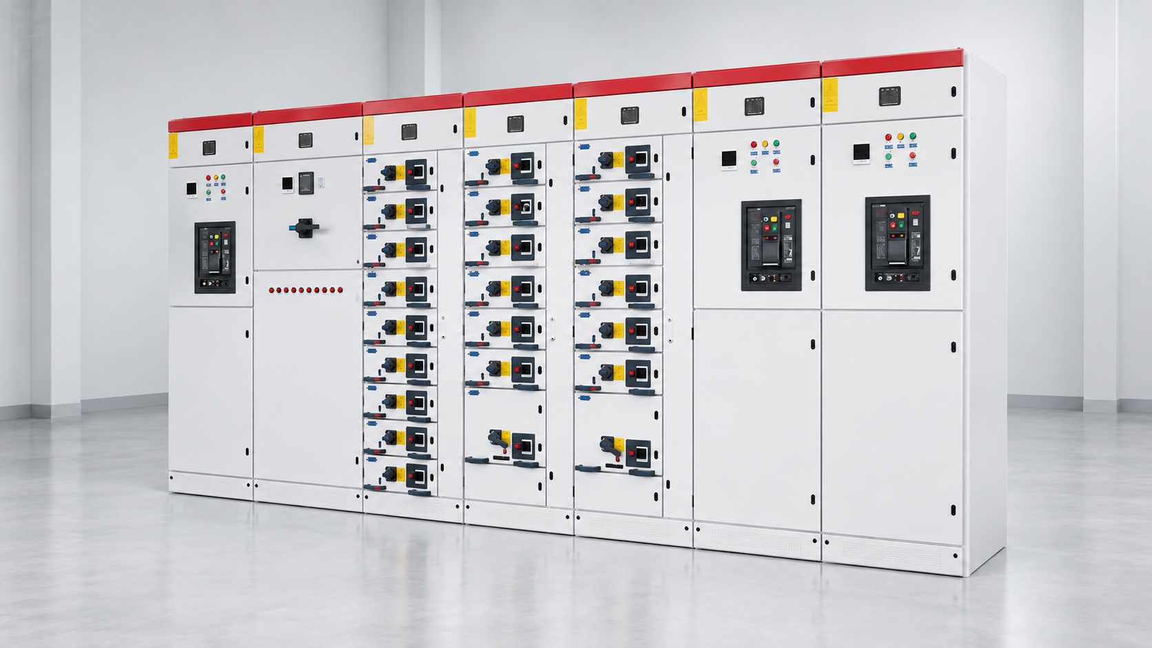 LBAJI MNS GCK GCS low-voltage withdrawable switchgear lineup used for power-factor measurement context
