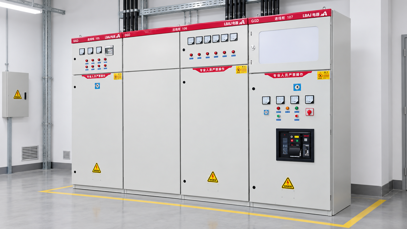 LBAJI GGD low-voltage switchgear lineup used as a distribution measurement reference