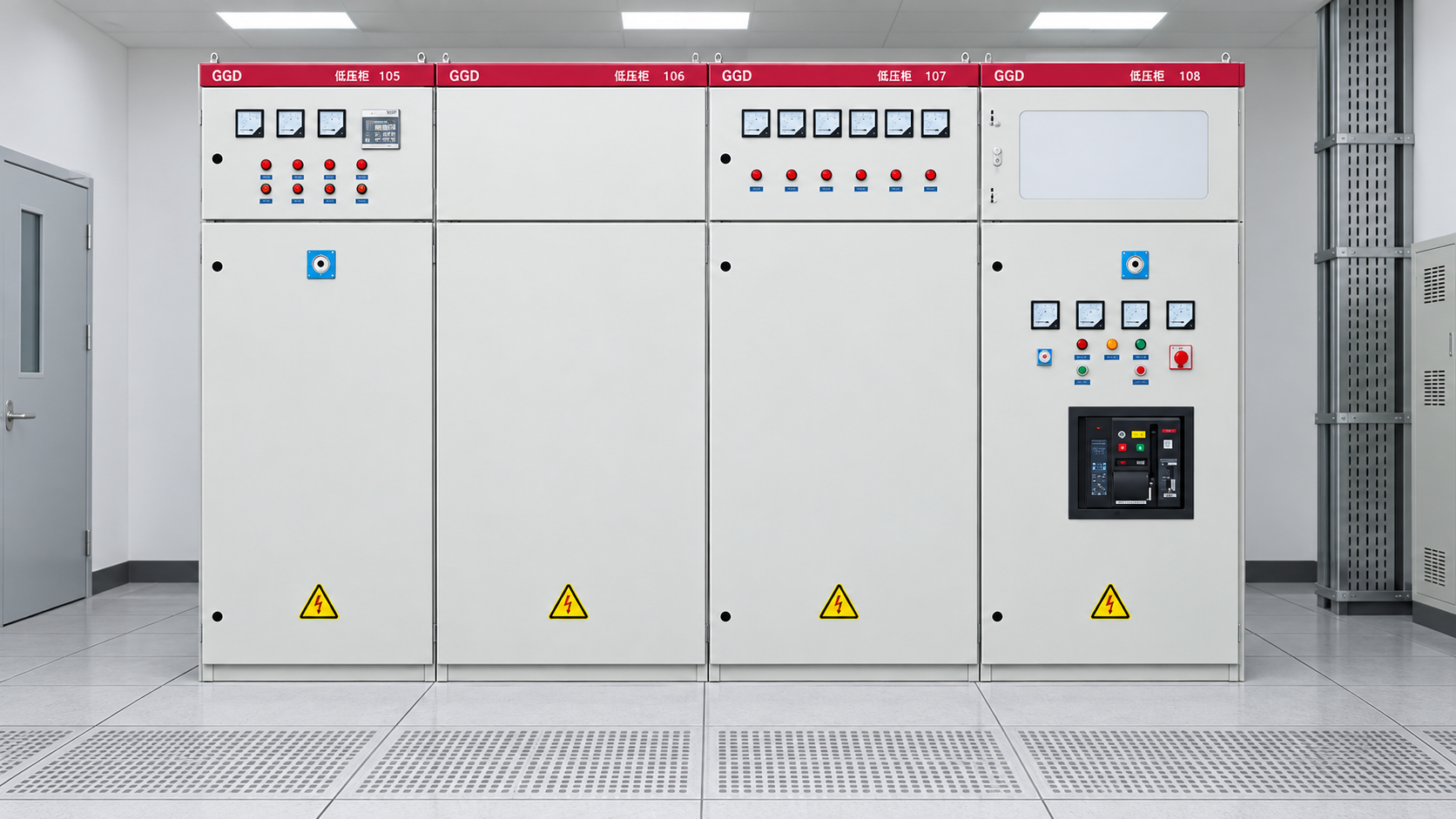 LBAJI GGD low-voltage switchgear lineup used as a low-voltage wiring distribution reference