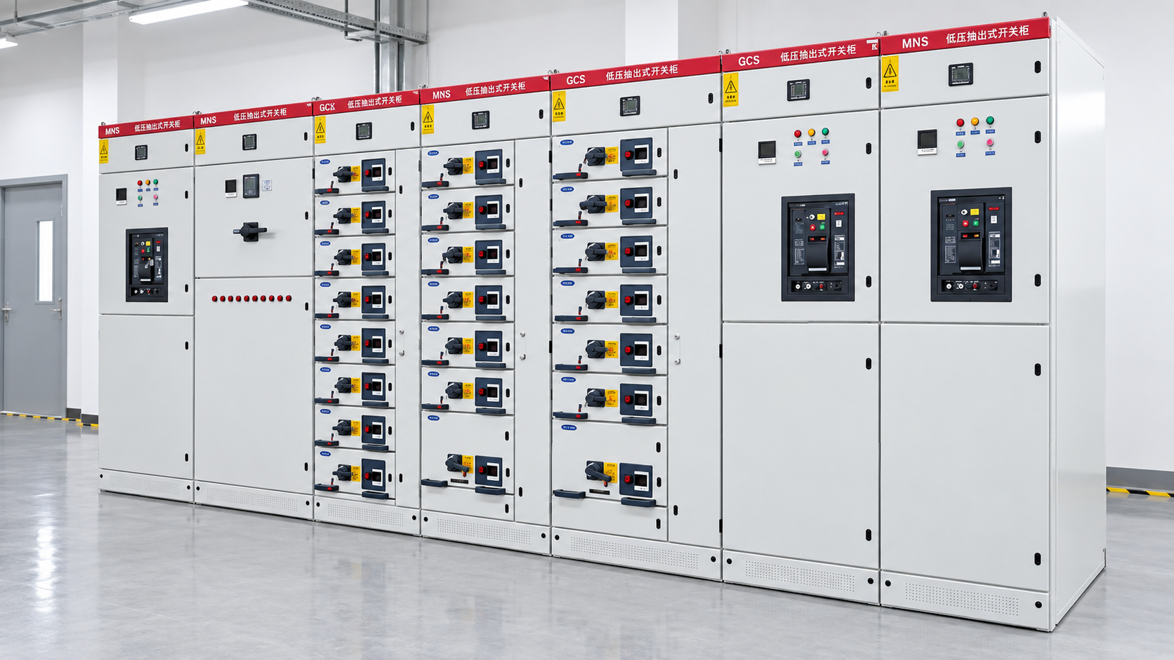 LBAJI MNS GCK GCS low-voltage withdrawable lineup showing multiple wiring sections