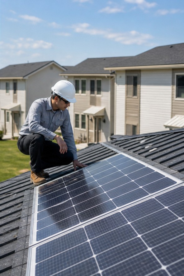Engineer inspecting a military housing solar installation