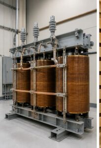 Industrial three-phase autotransformer installation