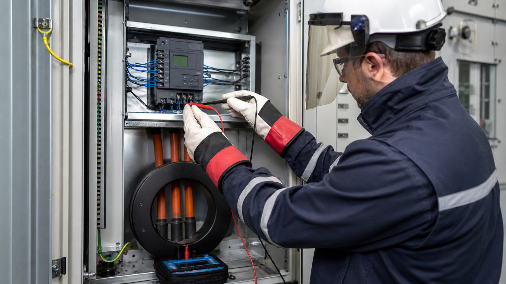 Qualified technician testing a core balance current transformer protection circuit in de-energized switchgear