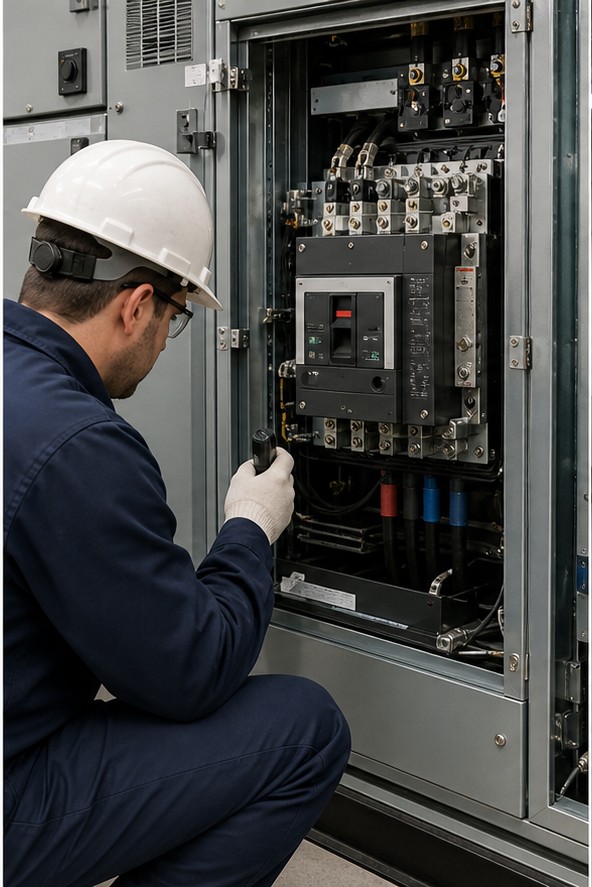 Technician inspecting a de-energized breaker compartment