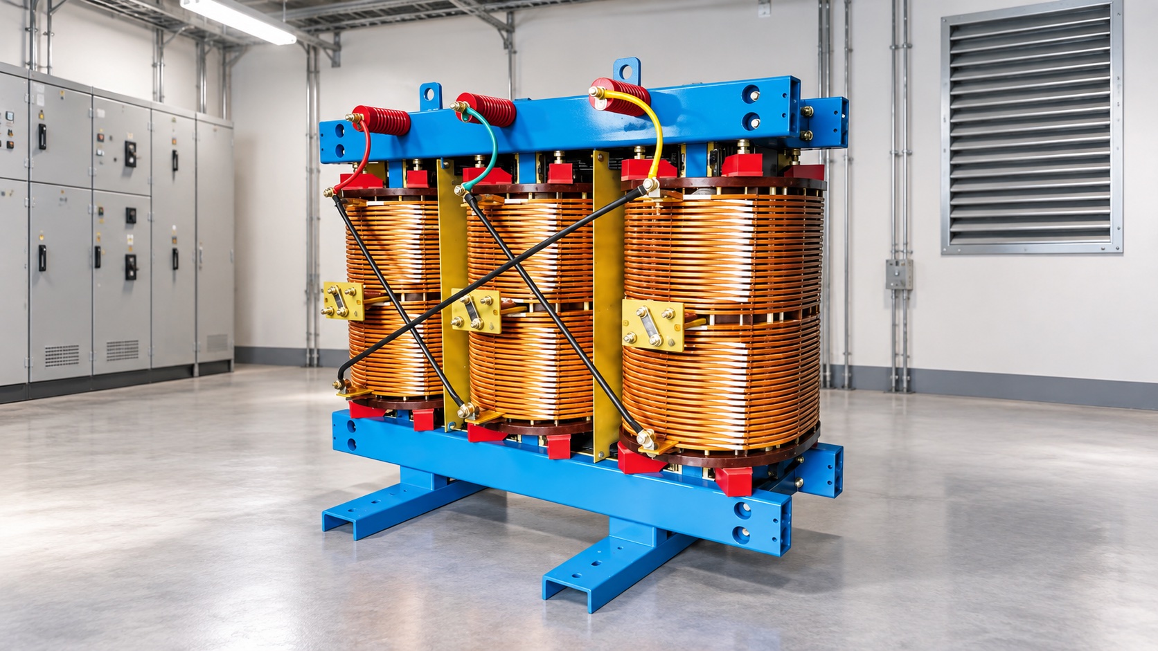 Illustrative open-coil dry-type transformer in an indoor electrical equipment room