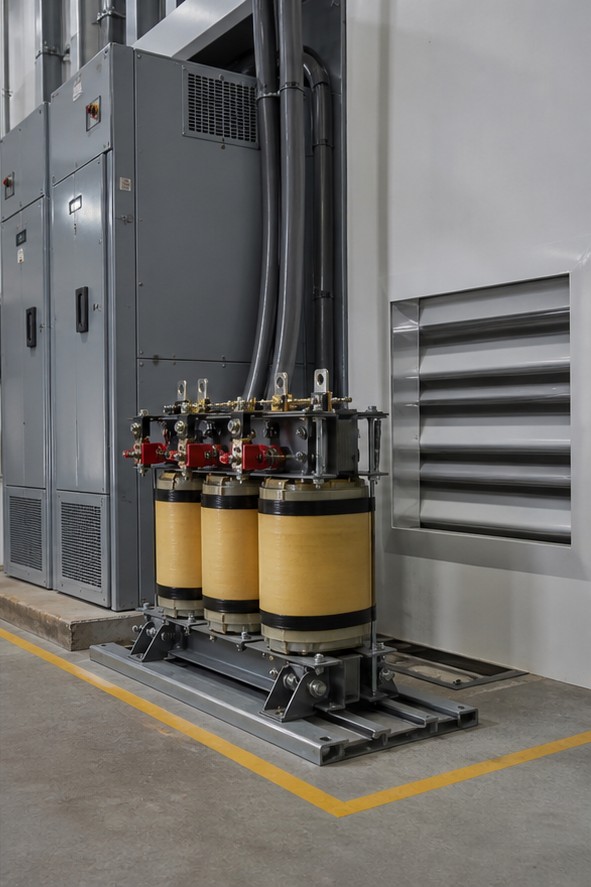Installed dry-type transformer with ventilation clearance