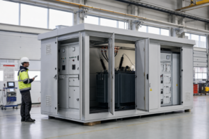 Prefabricated substation undergoing factory inspection