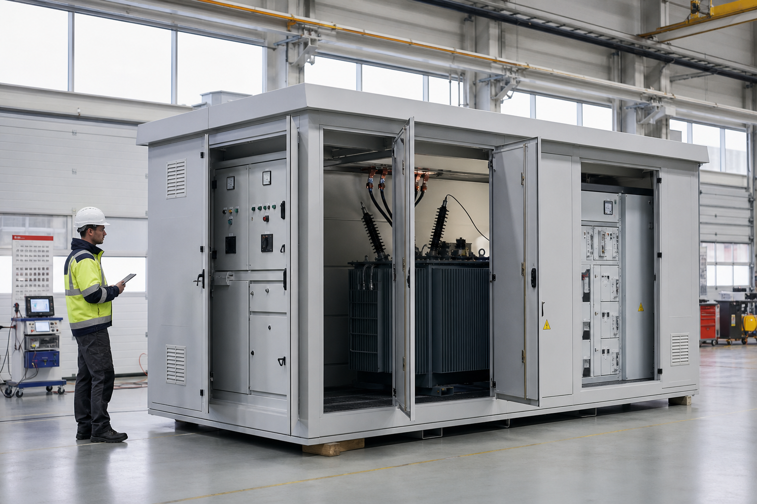 Prefabricated substation undergoing factory inspection