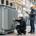 Engineer reviewing the condition and cost factors of an industrial power transformer