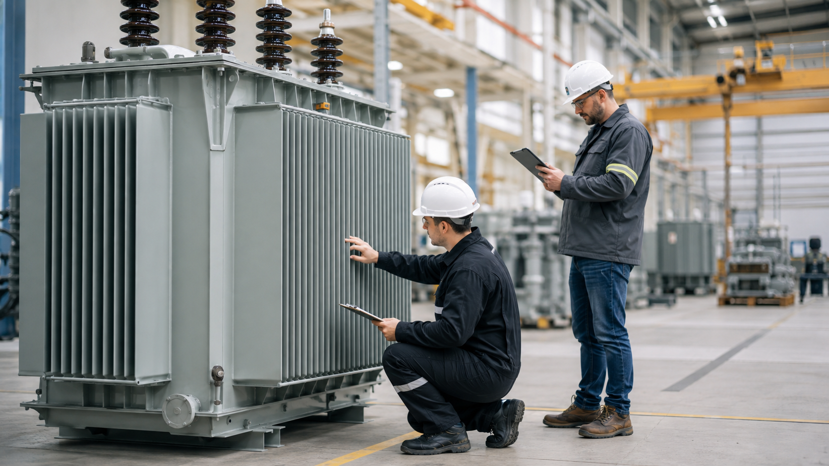 Engineer reviewing the condition and cost factors of an industrial power transformer