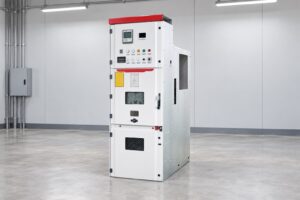 Photorealistic conceptual illustration of an LBAJI KYN28A-12 metal-clad switchgear cabinet in an electrical room