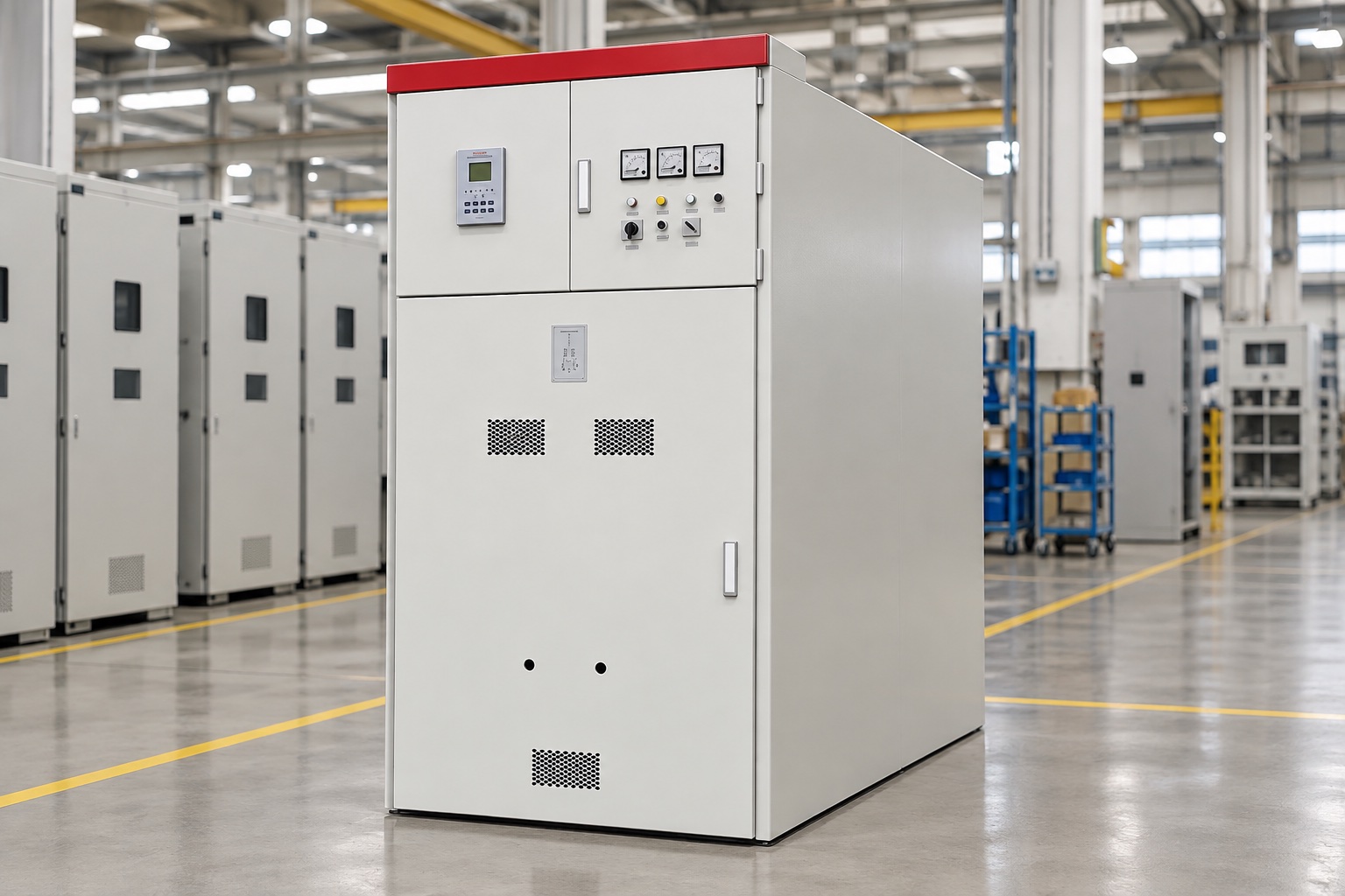 Photorealistic conceptual illustration of a KYN61-40.5 metal-enclosed medium-voltage switchgear cabinet