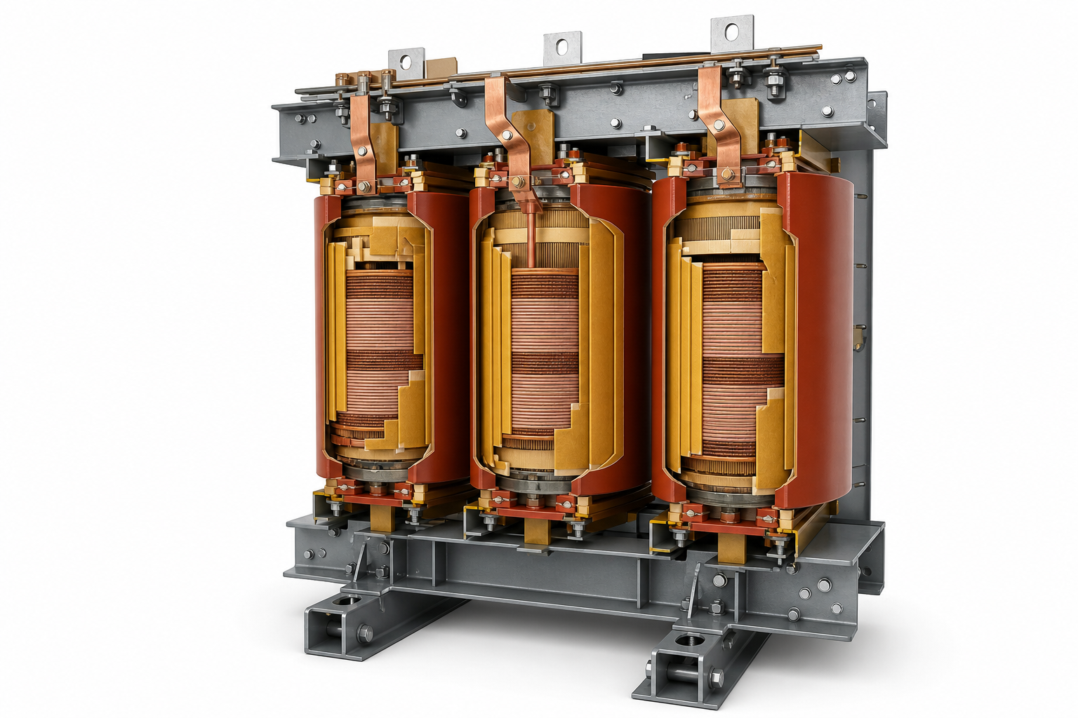 Illustrative cutaway showing layered insulation around dry-type transformer coils