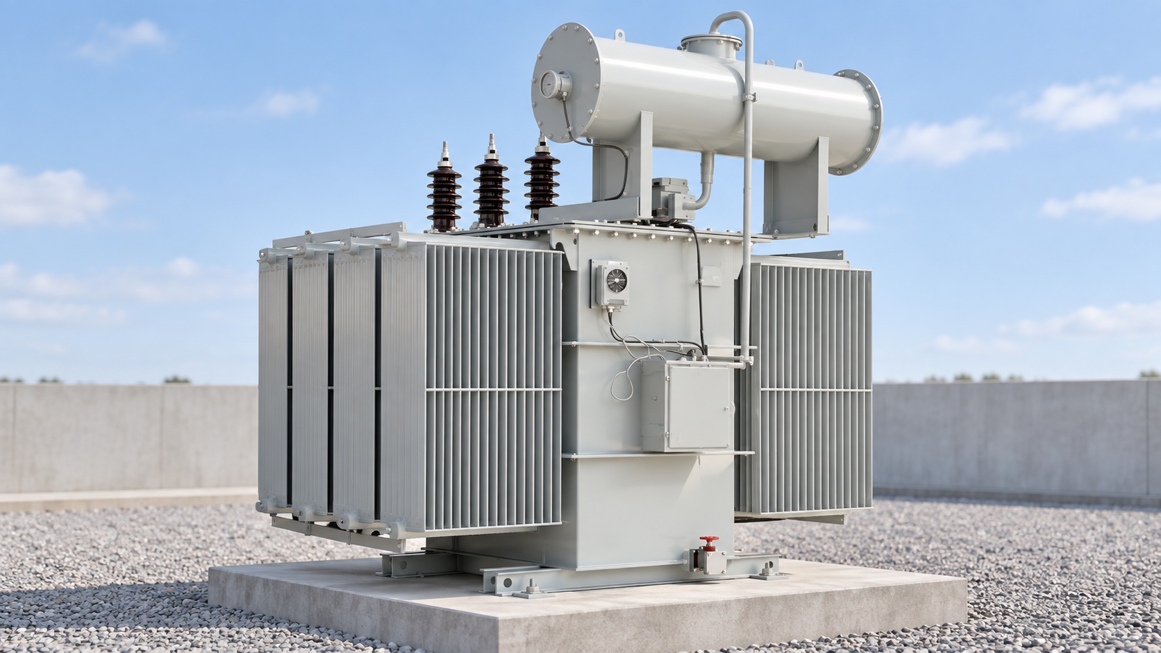 Illustrative oil-immersed power transformer with tank, conservator and side radiators outdoors