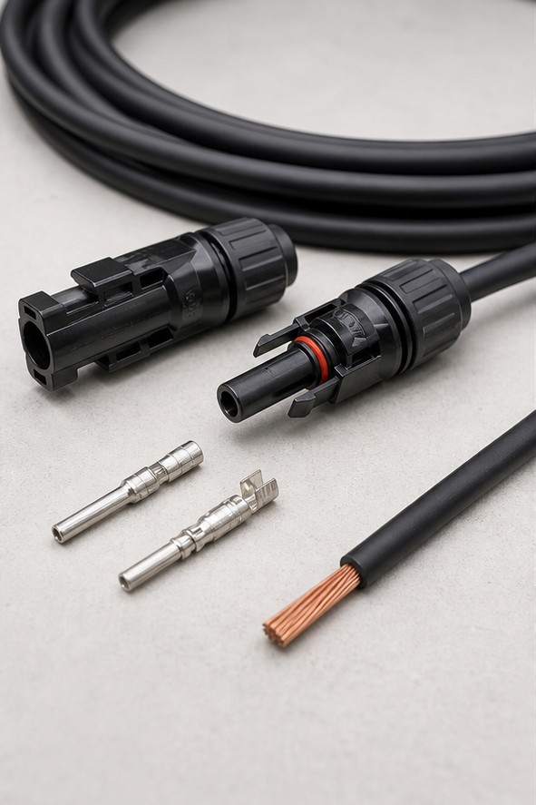 Photovoltaic DC connector components and solar cable