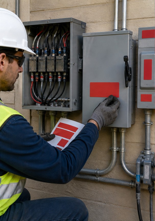 Technician applying a durable PV equipment label