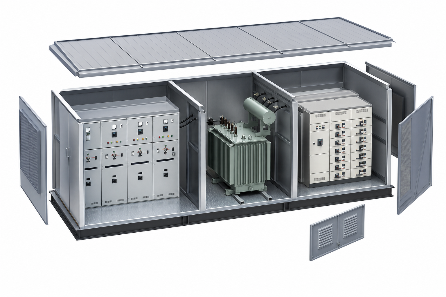Exploded view of MV, transformer and LV zones in a prefabricated substation