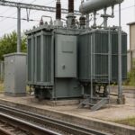 Railway traction substation transformer beside electrified track