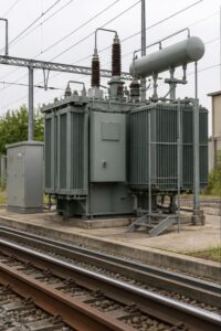 Railway traction substation transformer beside electrified track