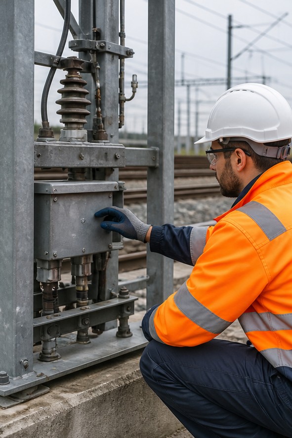 Engineer inspecting wayside railway power equipment